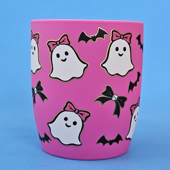 Hot Pink Ghost Halloween Mug Soft Touch Bats Bows Cobwebs & Cauldrons Coffee Cup - Picture 5 of 14